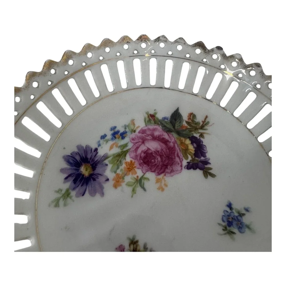 Vintage Schumann Reticulated Porcelain Floral‎ Bowl Pierced Rim 6.25 inch